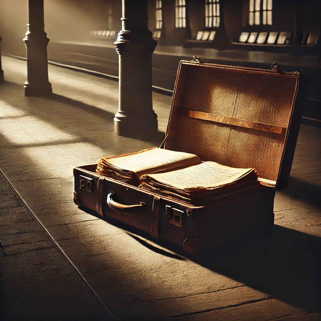 Unutulmuş bir tren istasyonunda kaybolmuş eski bir bavul.