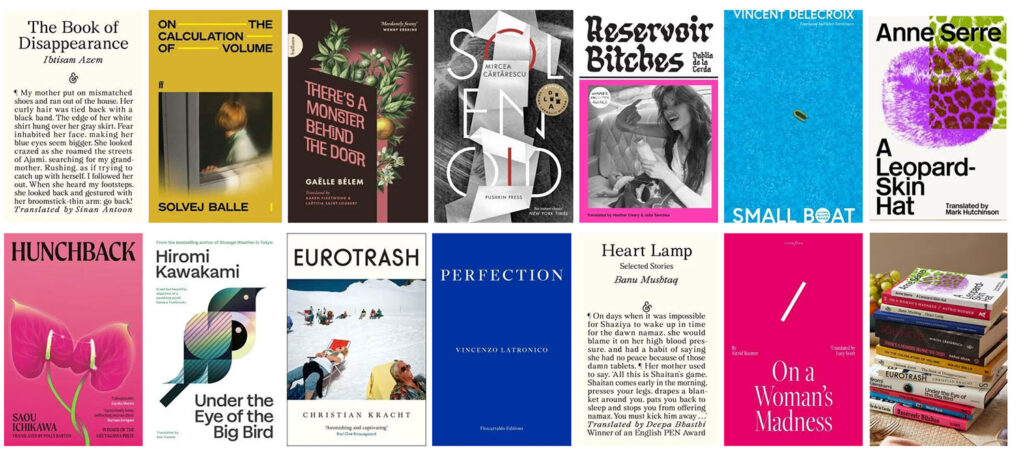 2025 Uluslararası Booker Ödülü uzun listesinde yer alan 13 kitabın kapakları ve yazarlarının portreleri.