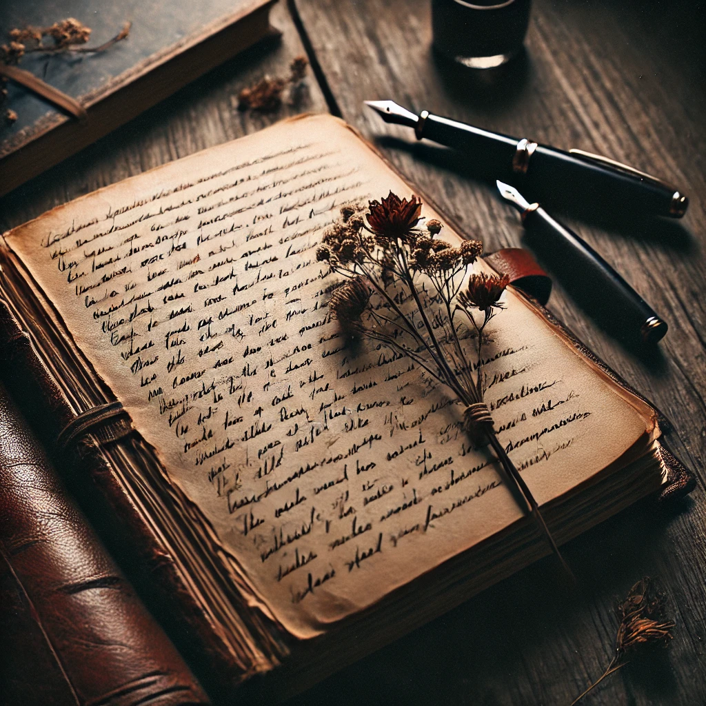 Eski bir defter, içinde el yazısı notlar ve kurumuş bir çiçek.