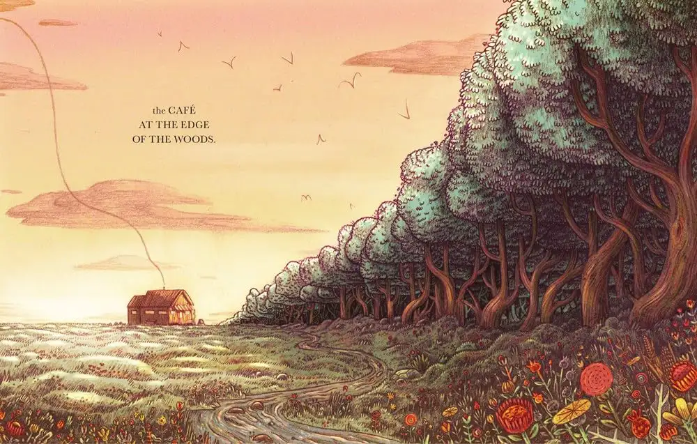 Ormanın kenarındaki kafe ve genişleyen manzara