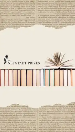 Neustadt Uluslararası Edebiyat Ödülleri logosu, kitap sırtları ve açık kitapla tasvir edilmiş afiş.