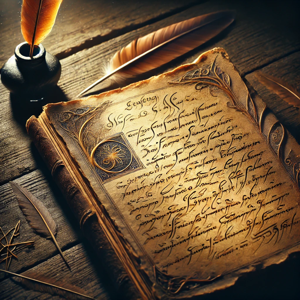Eski bir el yazması, elfçe yazılar ve büyülü bir atmosfer.