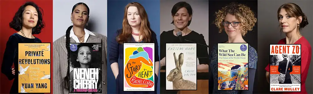 2025 Kadınlar Kurgu Dışı Ödülü kısa listesinde yer alan altı kadın yazar ve eserlerinin kolaj görseli.