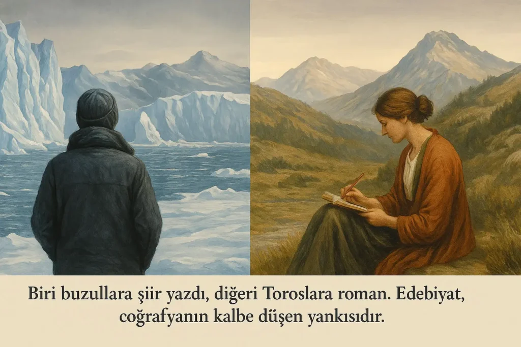 Buzullara bakan bir figür ile Toros Dağları’na bakan yazan bir kadın; coğrafyanın edebiyata yansıması.