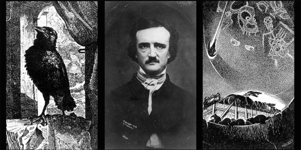 Edgar Allan Poe’nun portresi ve eserlerinden ilham alan illüstrasyonlar. Edgar Ödülleri ve polisiye edebiyatın tarihine görsel bir bakış.