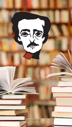 Edgar Allan Poe illüstrasyonu, kitaplarla çevrili bir kütüphane fonunda havada asılı duruyor. Polisiye edebiyatın ruhunu yansıtan görsel.