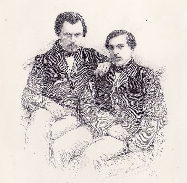Goncourt Ödülü'nün kurucuları Edmond ve Jules Goncourt kardeşlerin siyah beyaz portresi.