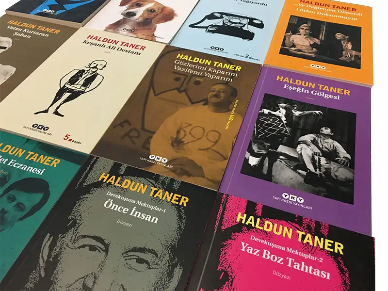 Haldun Taner’in en önemli kitaplarının kapak görselleri. Öyküleri ve tiyatro eserleriyle Türk edebiyatına yön veren yazarın eserleri.