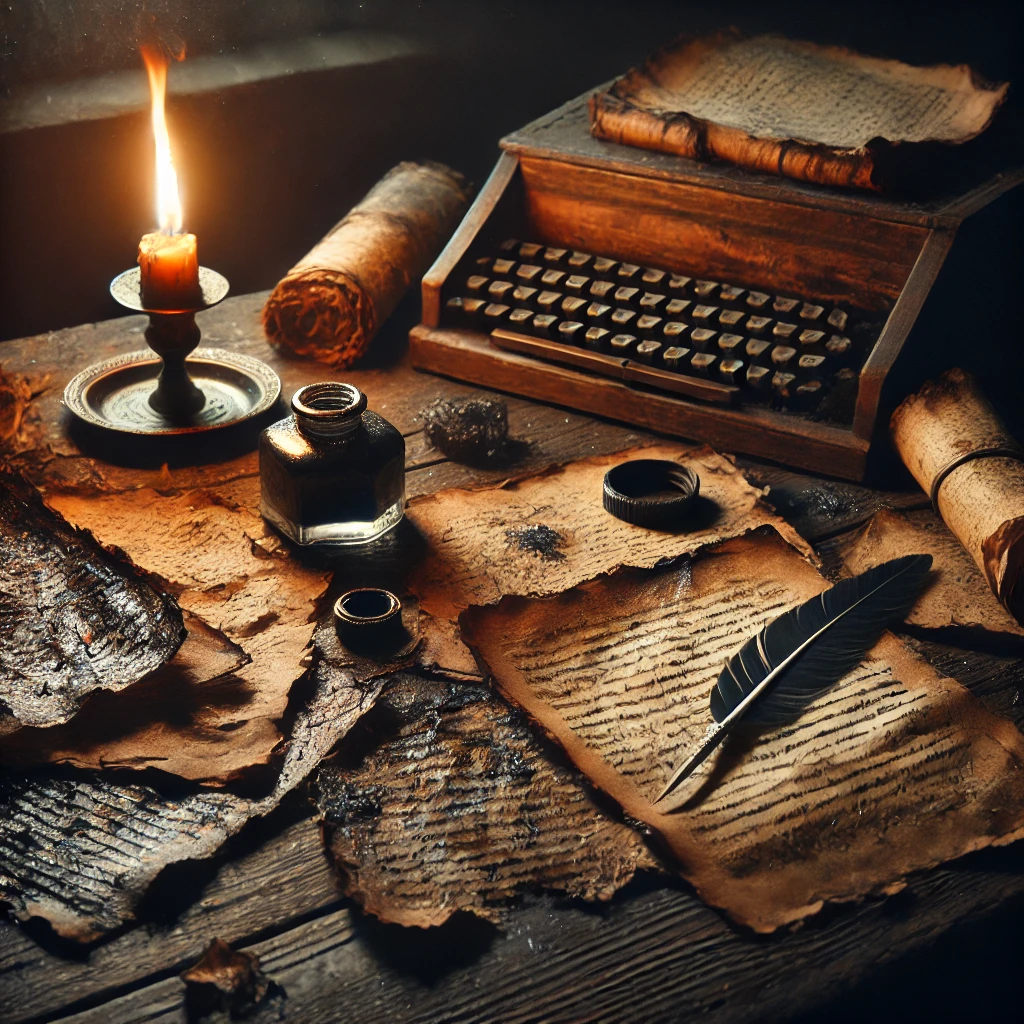 Yanan el yazmaları ve eski bir çalışma masası.