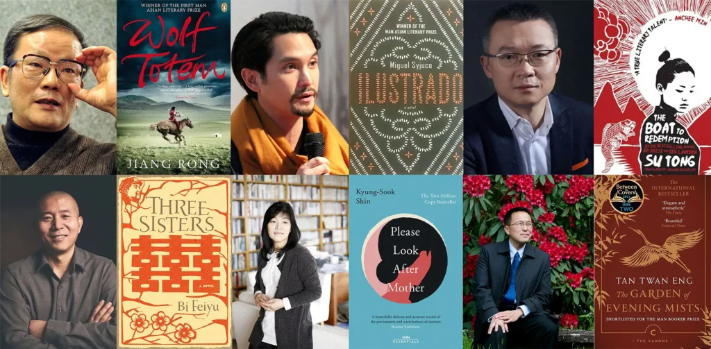 Man Asya Edebiyat Ödülü kazanan yazarlar ve kitap kapakları: Jiang Rong, Kyung-sook Shin, Tan Twan Eng, Su Tong, Miguel Syjuco, Bi Feiyu