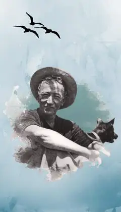 Sait Faik Abasıyanık'ın sanatsal bir portresi. Elinde bir kediyle deniz temalı arka planda resmedilmiş. Sait Faik Hikâye Armağanı'na adını veren büyük hikâye ustası.