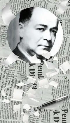 Sedat Simavi'nin sanatsal portresi. Arka planda gazete kupürleri ve yırtılmış kağıt efektleri var. Kalemin gücüyle edebiyat ve gazeteciliğin birleşimini simgeliyor.