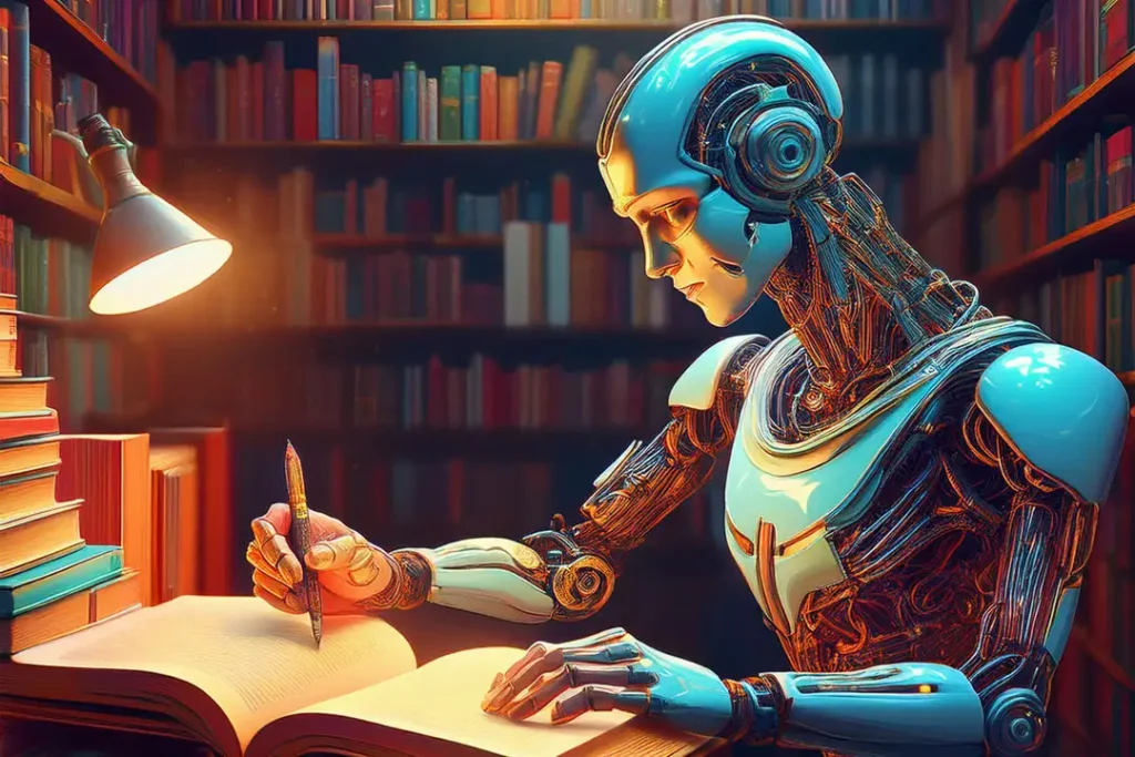 Kitaplar arasında bir kütüphanede oturmuş, yazı yazan yapay zekâ robot figürü.