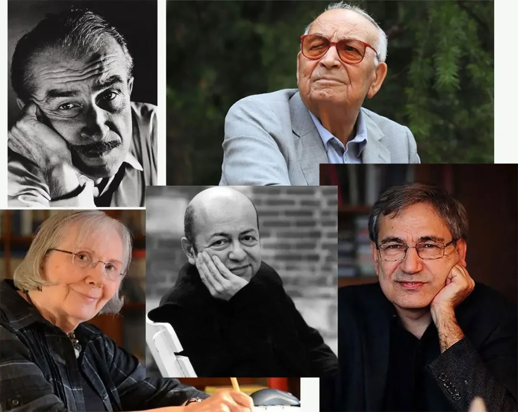 Türk edebiyatının önemli yazarları Orhan Kemal, Yaşar Kemal, Adalet Ağaoğlu, Selim İleri ve Orhan Pamuk’un bir arada bulunduğu kolaj görseli.
