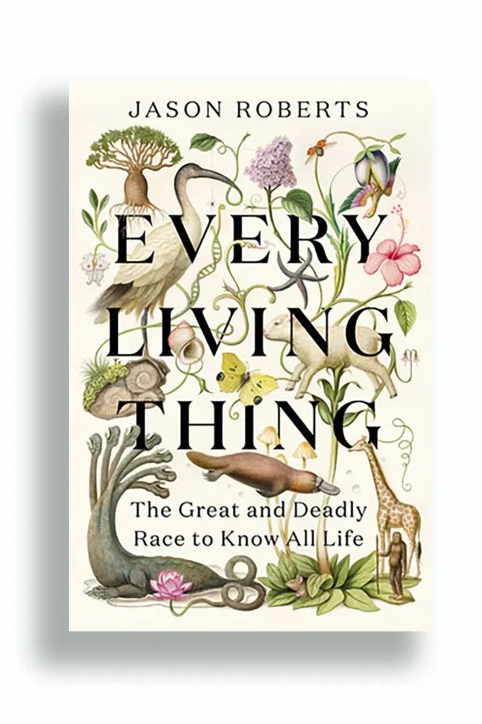 Every Living Thing kitabının kapağı, farklı bitki ve hayvan çizimleriyle süslenmiş