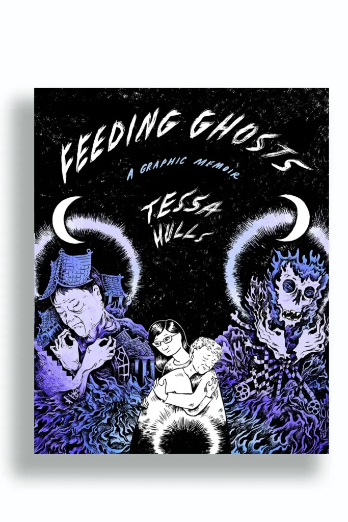 Feeding Ghosts kitabının siyah ve mor tonlardaki grafik roman kapağı