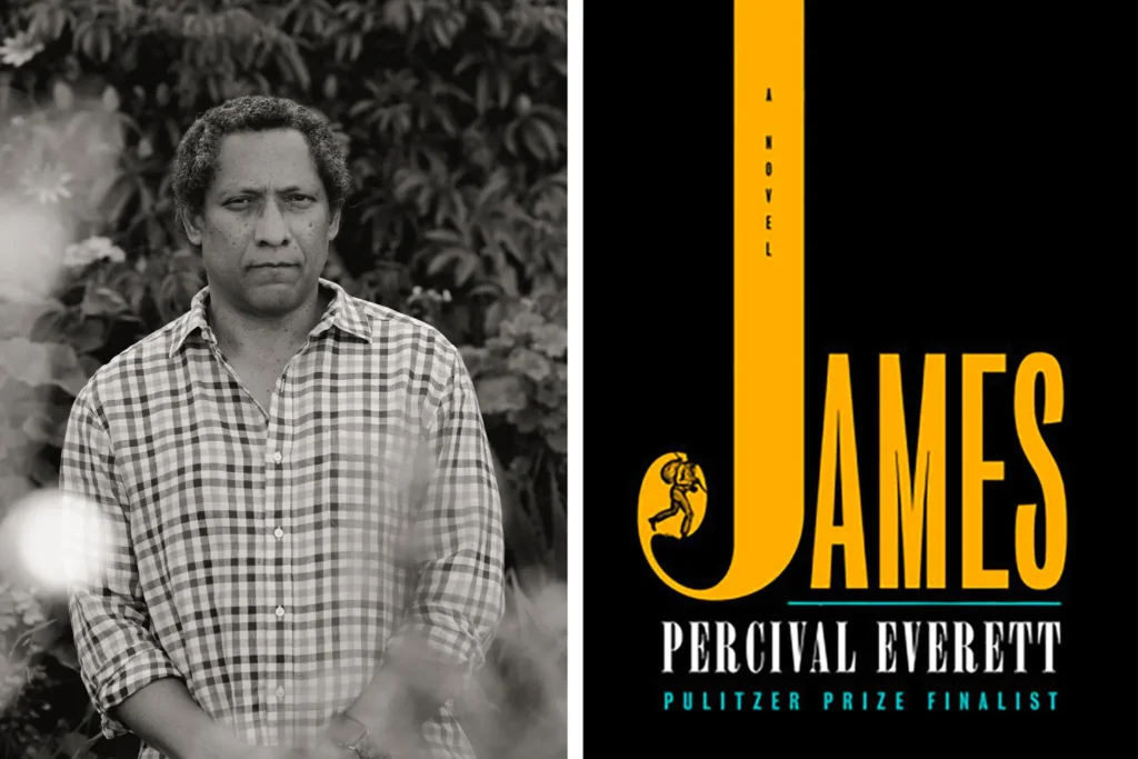 James romanının siyah zemin üzerine sarı yazılı kapağı ve yazarı Percival Everett’in portresi