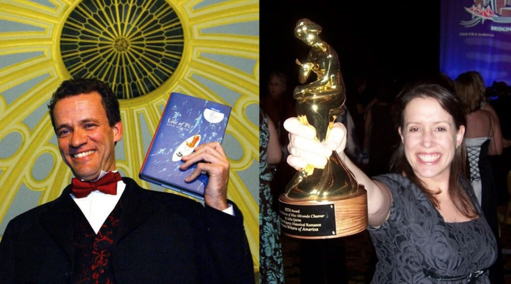 100 bin dolar ödüllü The Next Big Story yarışmasının jüri üyeleri Yann Martel ve Julia Quinn'in ödül anları.