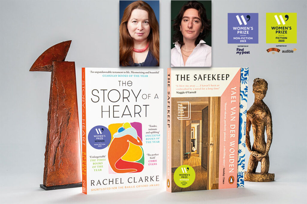 2025 Kadınlar Kurgu Ödülü kazanan kitaplar: The Safekeep (Yael van der Wouden) ve The Story of a Heart (Rachel Clarke) kitap kapakları ve yazar fotoğraflarıyla birlikte.